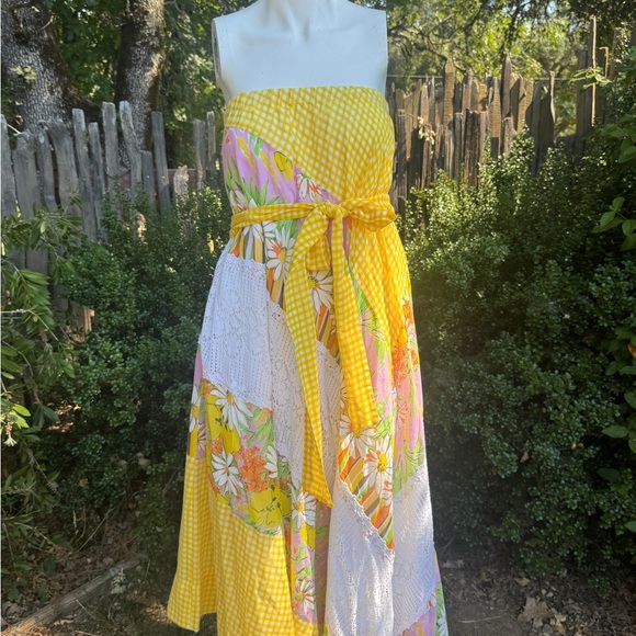 Vintage Dresses & Skirts - Vintage Yellow Patchwork Strapless Dress